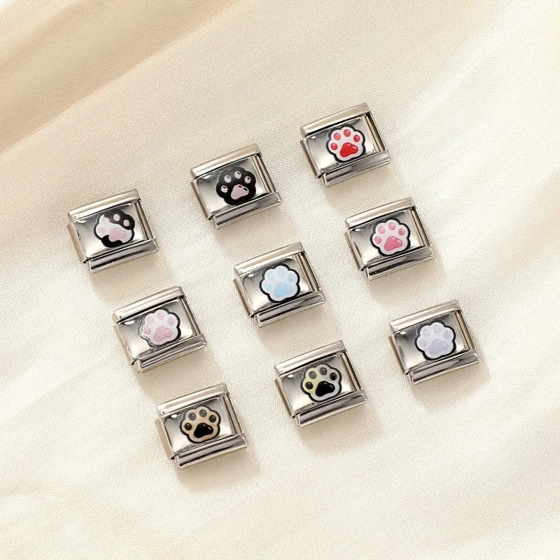 Blue Pink Heart Cute Cats Paw Dog Claw Print Series Italian Charm Links Fit 9mm Stainless Steel Bracelet DIY Making Gift Qme