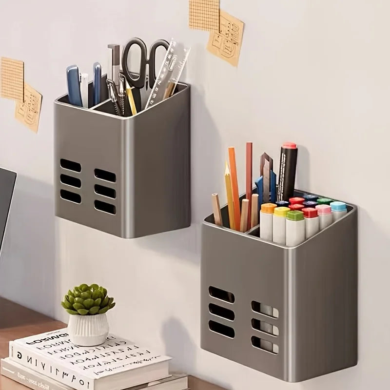 Wall-Mounted Plastic Organizer with Compartments for Pens, Makeup Brushes, Stationery, and Tools - Home Office Storage Solution Qme