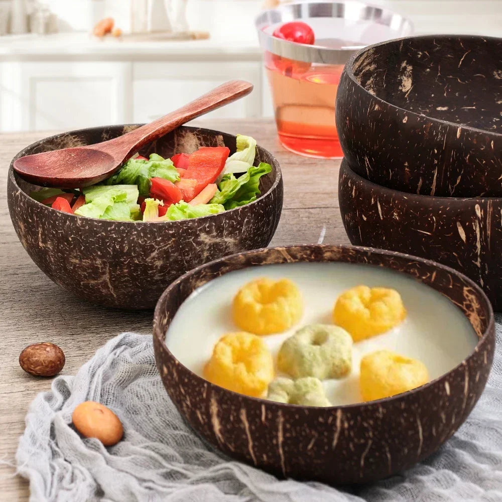 Natural Coconut Bowls And Wooden Spoon Sets Reusable Coconut Shell Bowls For Dessert Yogurt Fruit Salad Kitchen Tableware Qme