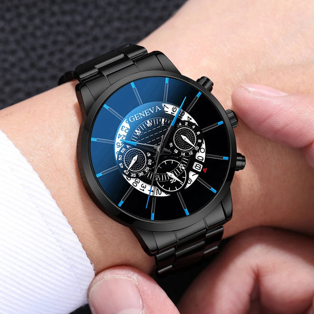 Relógio de quartzo com pulseira de aço masculino conjunto de joias pretas sem caixa, business, 4 pçs/set Qme