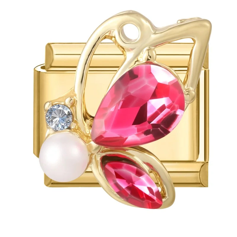 2026 Colorful Garland Flower Bird Luxury Pearl Zircon Gold Color Italian Link Fit 9mm Stainless Steel Charm Jewelry DIY Bracelet Qme Style 9
