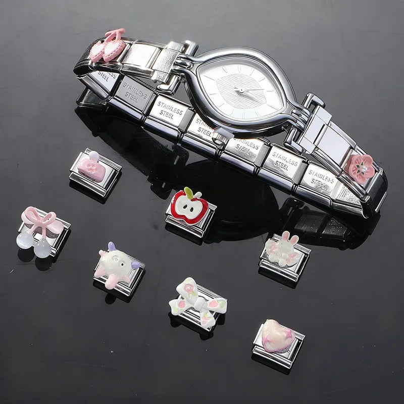 New Fashion Red Apple Cute Sheep Cherry Bow Knot Italian Charm Link fit 9mm Stainless Steel Jewelry DIY Making Bracelet Gifts Qme