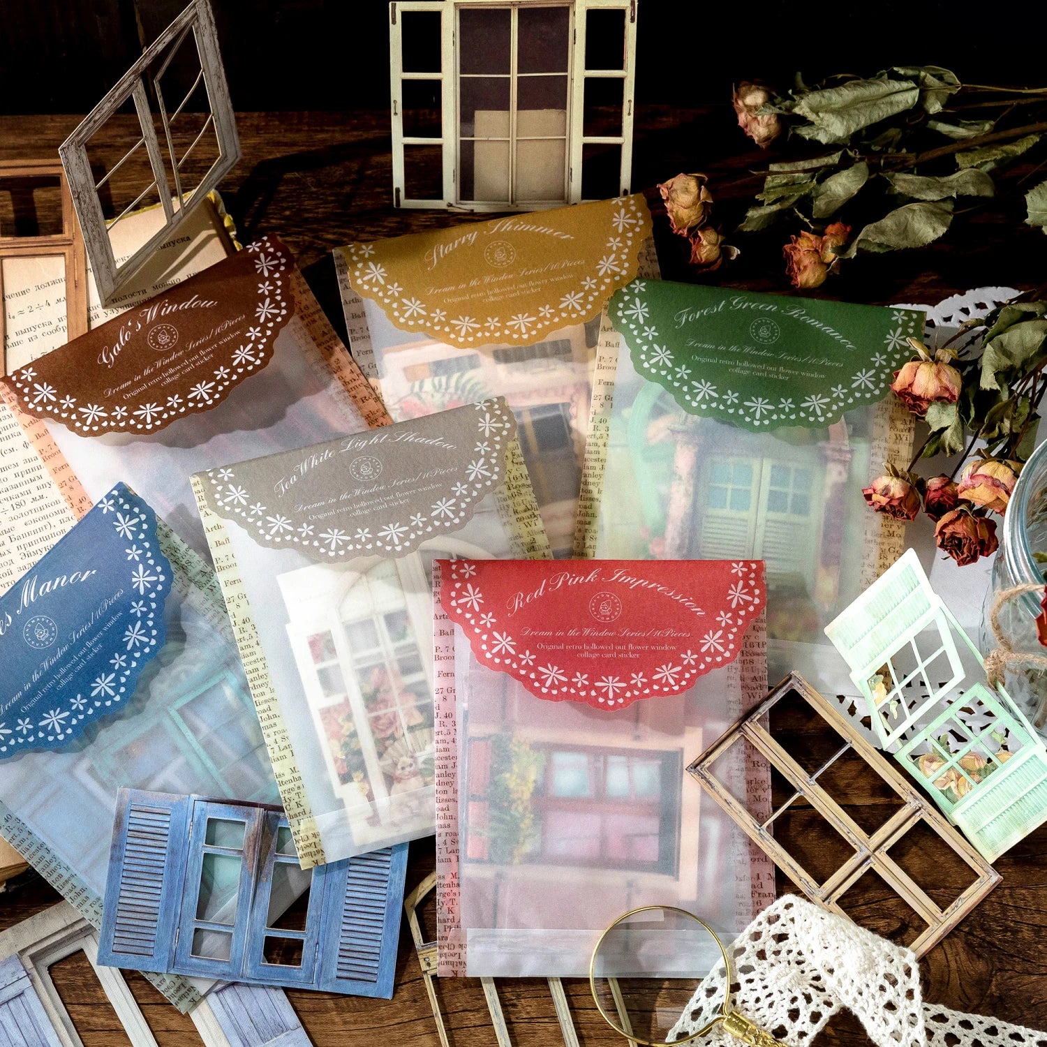 10 Sheets Vintage Hollow Door Window Sticker Diy Diary Decoration Plant Flower INS Sticker Album Scrapbooking Kawaii Stationery Qme