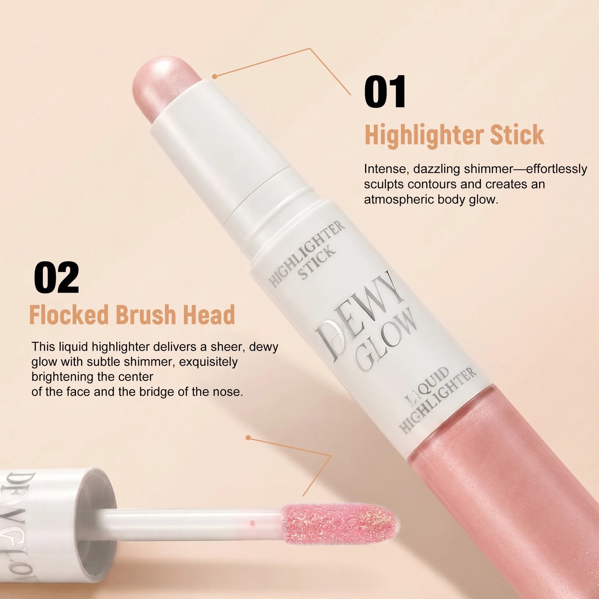 2 in 1 Contour Stick & Liquid Highlighter, Dual Ended Face Sculpting Makeup, Natural Nose Shadow & Body Brightening Stick Qme