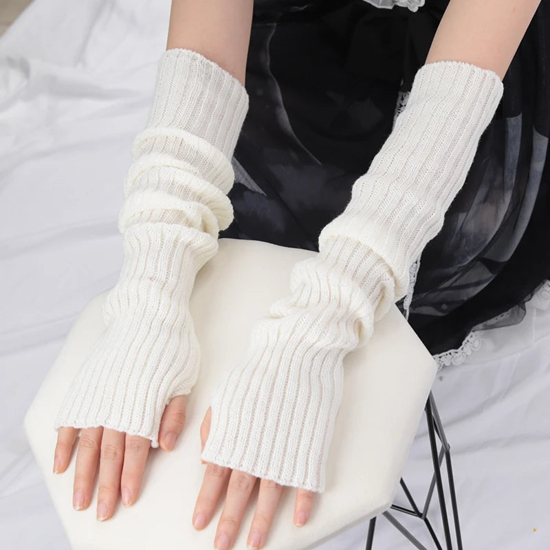 Women Long Fingerless Gloves Soft Female Glove Lolita Kawaii Mitten Qme
