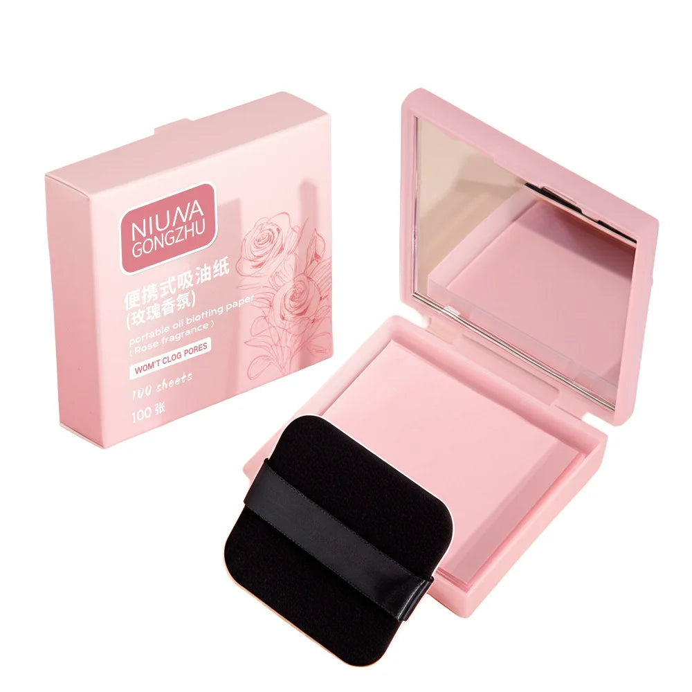 100 Oil Control Paper Mirror Housing Self-adhesive Powder Puff Face Qme Pink