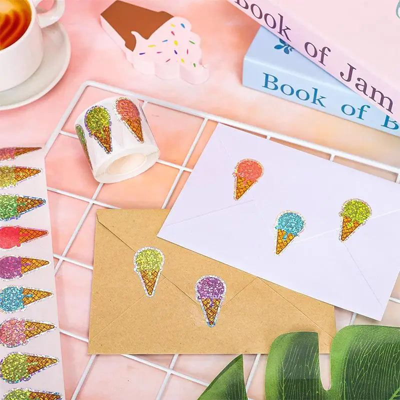 Shiny Glitter Ice Cream Stickers Self Adhesive 100 Kids DIY Art Qme