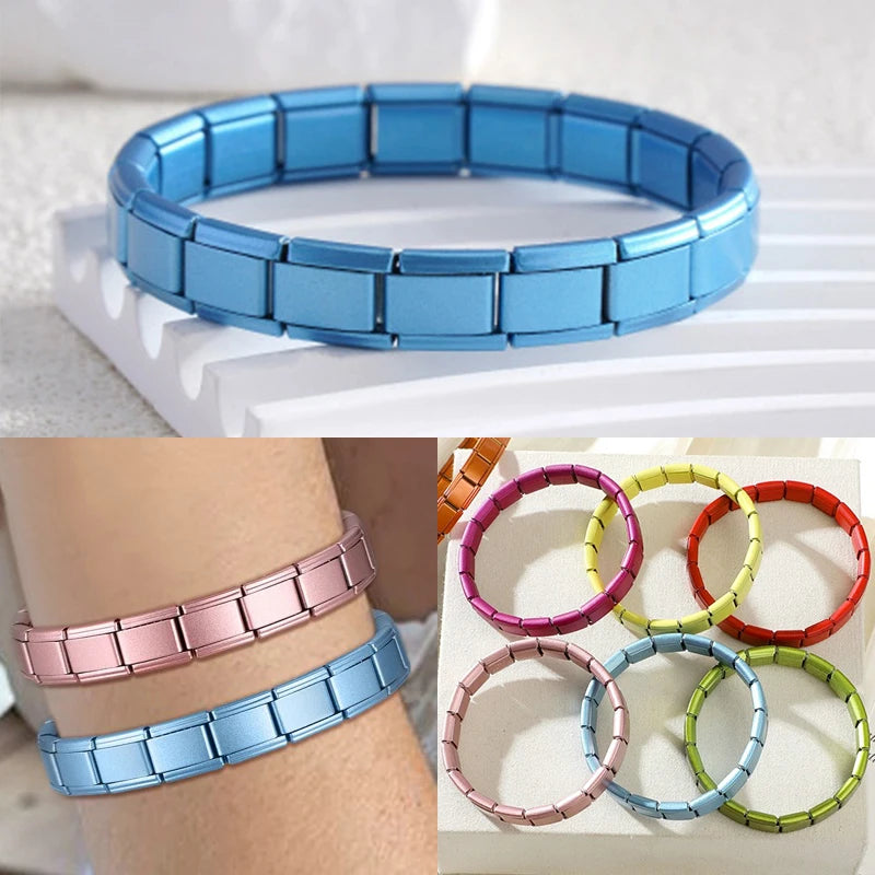 New 2026 Fashion Women's Men's Jewelry DIY 9MM Width Italian Elastic Charm Bracelet Blue Pink Color Stainless Steel Bangle Gift Qme