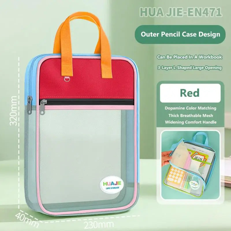 Student Handheld File Bag Dopamine Tote L-shaped Zipper Mesh Folder Qme A7