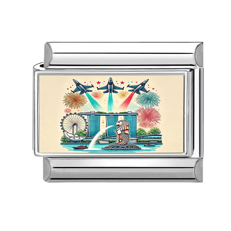 Fashion Colored Color Charm Ferris Wheel Lake City Scenery Italian Link Fit 9mm Stainless Steel Bracelet Jewelry Making DIY Gift Qme Style 5