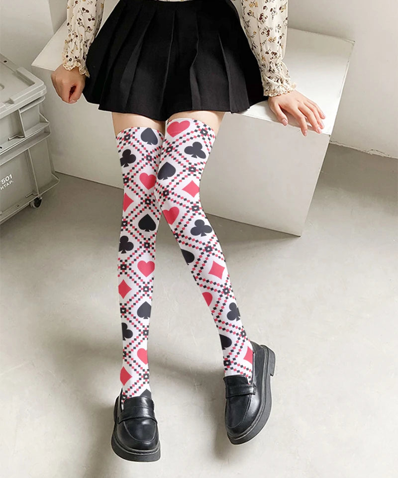 Fashionable Poker Pattern Thigh Stockings Ladies Sexy Love Plaid Qme