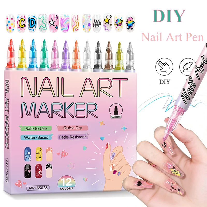 12 Nail Art Pens Waterproof Quick-drying Polish Pen Precision Drawing Qme