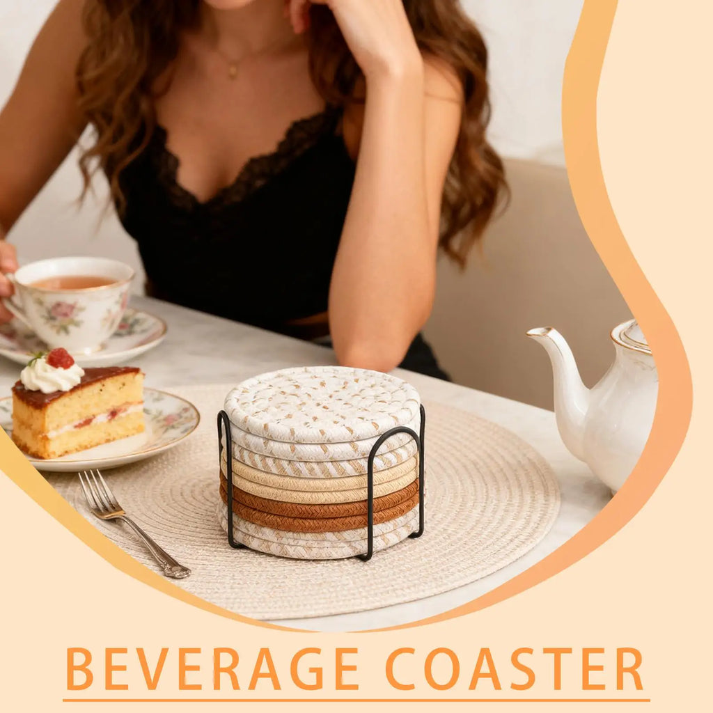 Absorbent Coasters 8 Pieces Absorbent Cup Mat With Holder 4.3 Inch Heat-Resistant Cotton Rope Desk Coaster For Table Home Coffee Qme
