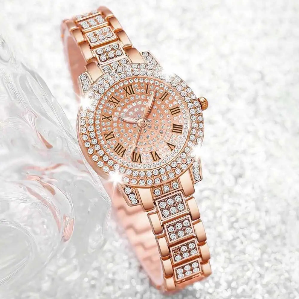 4 Pieces Fashionable Luxury Women's Watch Set with Rhinestone Roman Numbers Round Dial Watch Quartz Bracelet Perfect Gift Set Qme