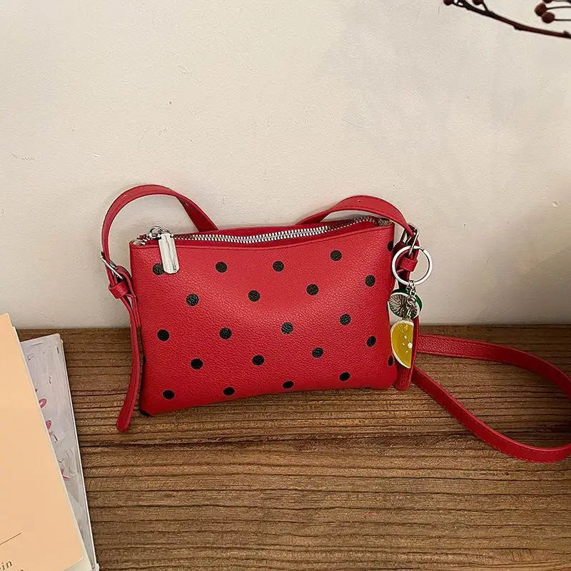 Color PU Leather Crossbody Bag Black Polka Dot Print Cute Fruit Charm For Daily Shopping Dating Casual Trips Qme A3