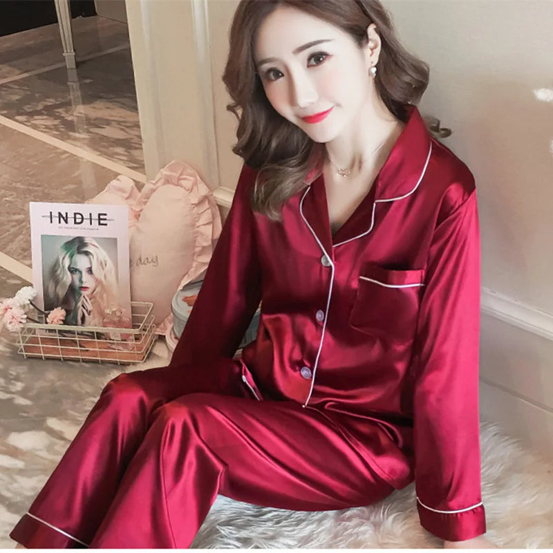 B Solid Color Sleepwear Silk Satin Pajamas Couple Set Long Sleeves Pyjamas Suit Pijama Women Men Loungewear Plus Size Pj Set Qme pajama set Burgundy M