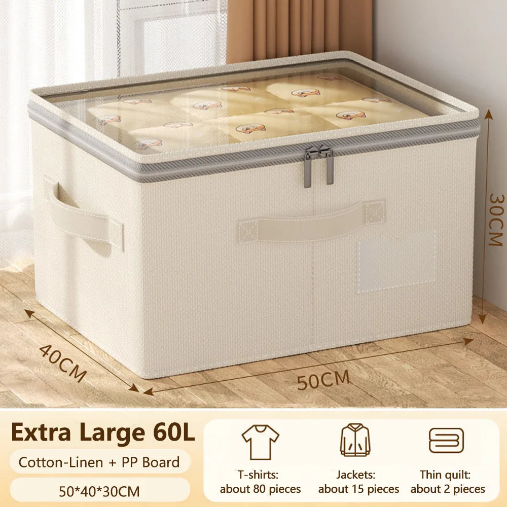 Foldable Cotton Linen Storage Box Portable & Thickened No Assembly Needed for Bedroom Wardrobe Clothes & Quilts Qme XL