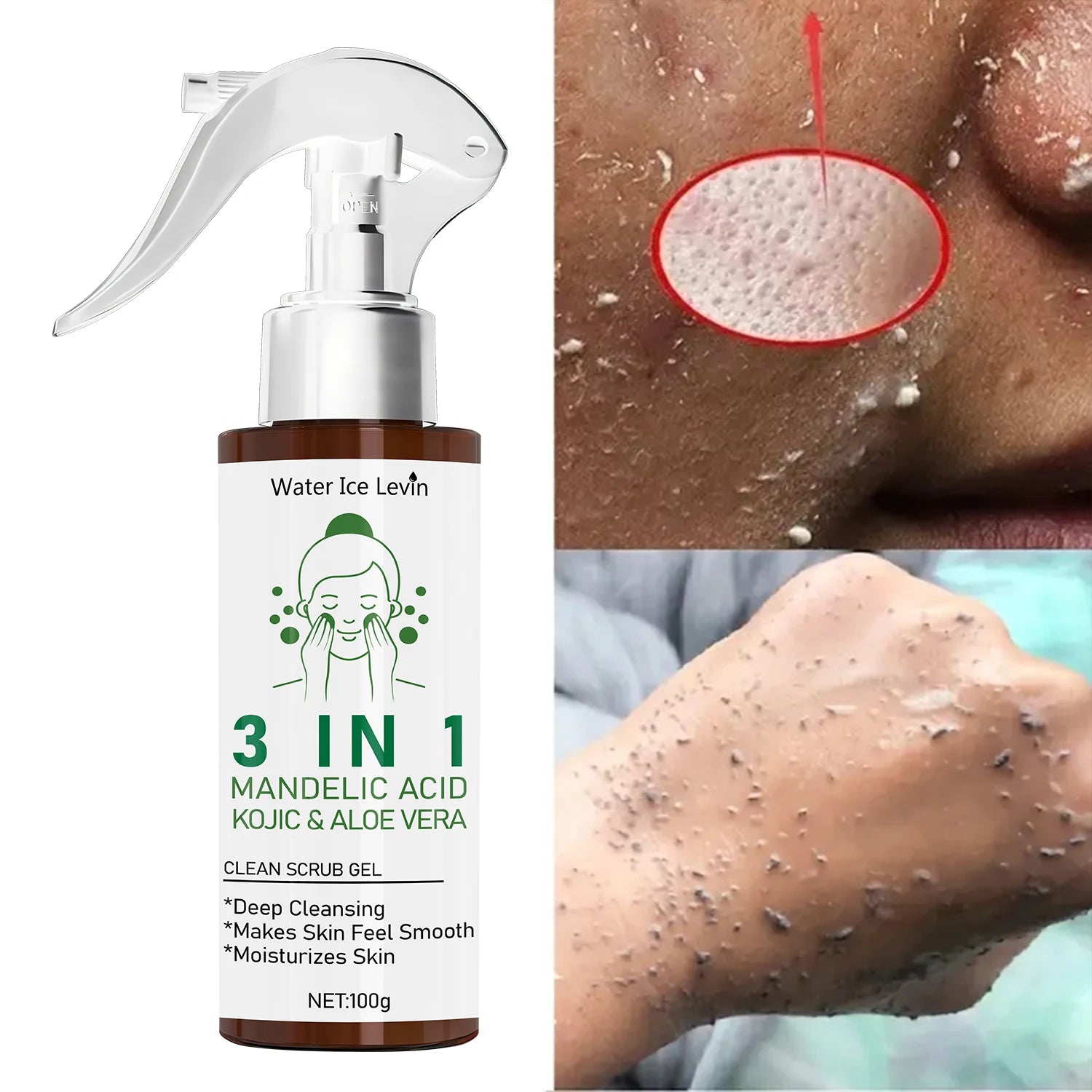 3 in 1 Mandelic Acid & Kojic Clean Scrub Gel with Aloe Vera - Deep Cleansing & Moisturizing for Smooth, Confident Skin Qme