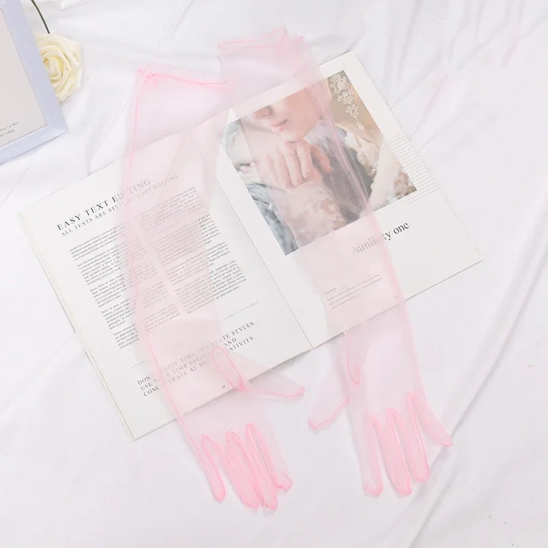 Women's Sexy Transparent Gloves Long Tulle Ultra Thin Full Finger Qme pink 55cm