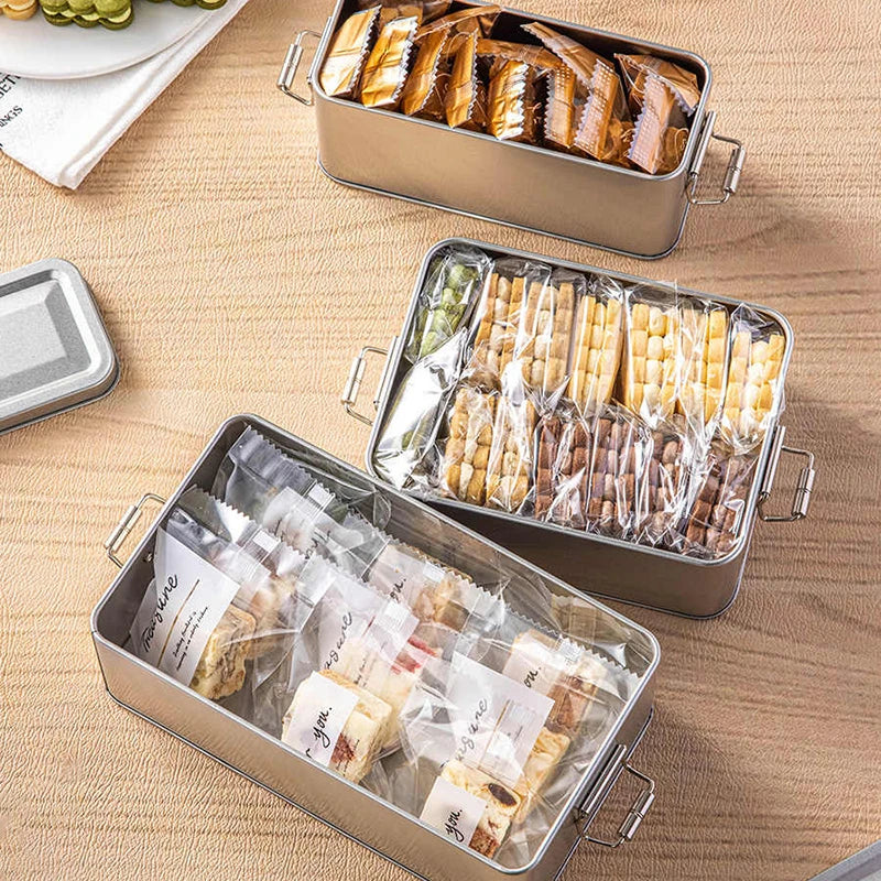 Rectangular Tinplate Cookie Tins Box Lid Dustproof Home Kitchen Qme