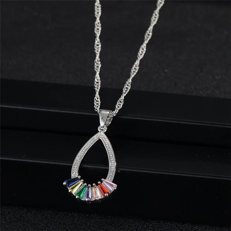 Earrings Necklace Jewelry Sets Real 925 Sterling Silver Color Rainbow Crystal Necklace Earrings for Women Girls Nice Gift Qme