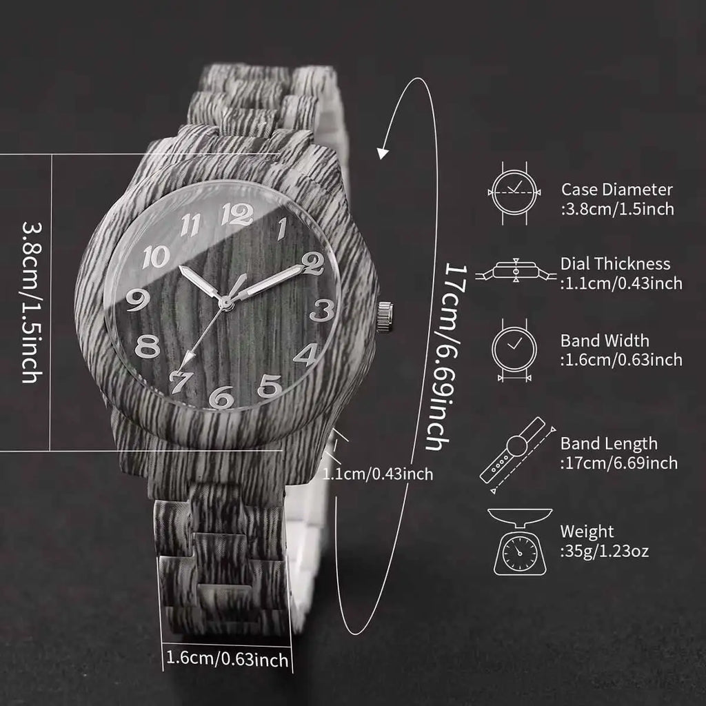 5PCS Fashion Women Watches Casual Wooden Pattern Plastic Band Quartz Watch Bracelets Set for Girls Clock Gift （Without Box） Qme