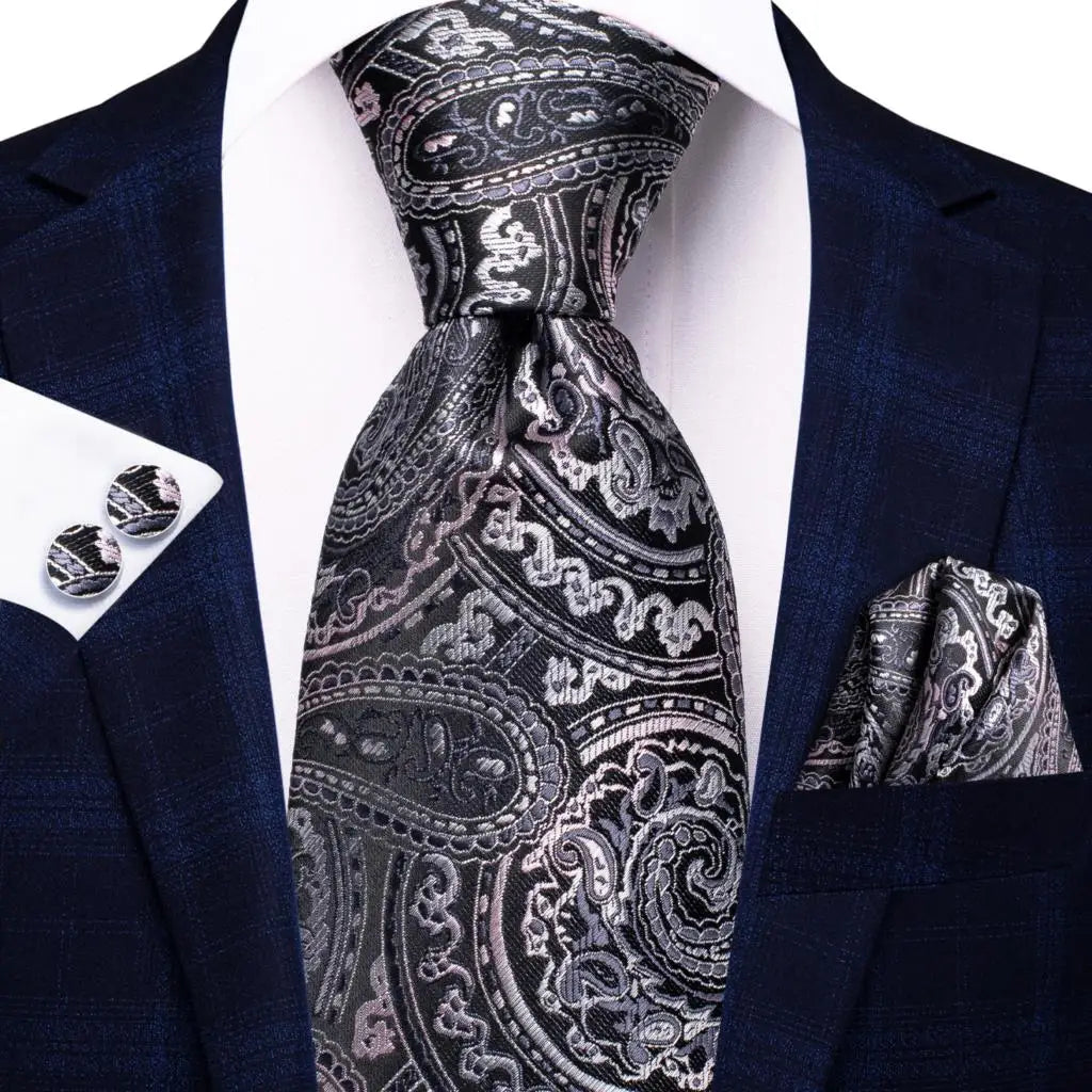 Hi-tie Men Fashion Paisley Sage Green Necktie Handkerchief Cufflinks Qme SN-3485