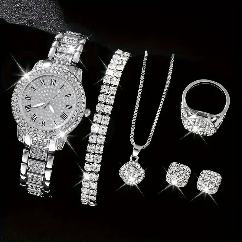 6-piece/set women's watch luxury rhinestone quartz watch hip-hop fashion watch and jewelry set, ideal choice for gifts Qme WHITE