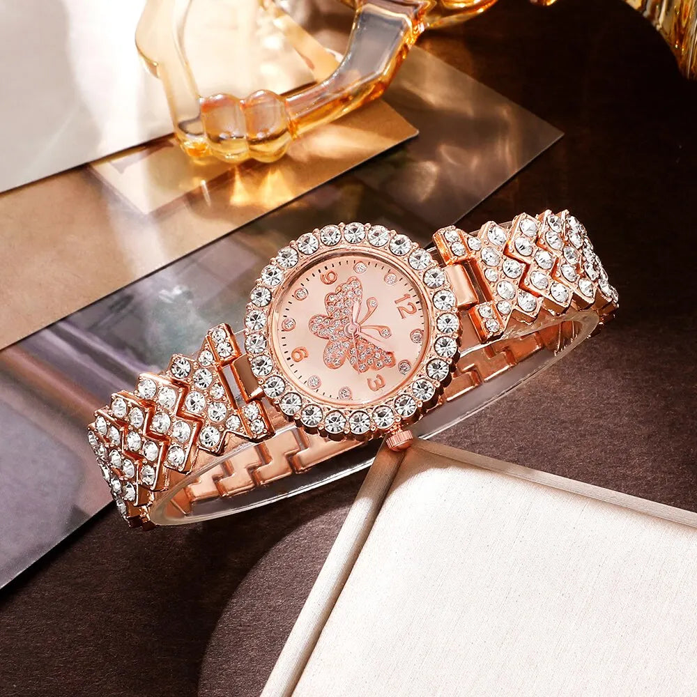 6pcs Fashion Crystal Butterfly Women's Watch Qme