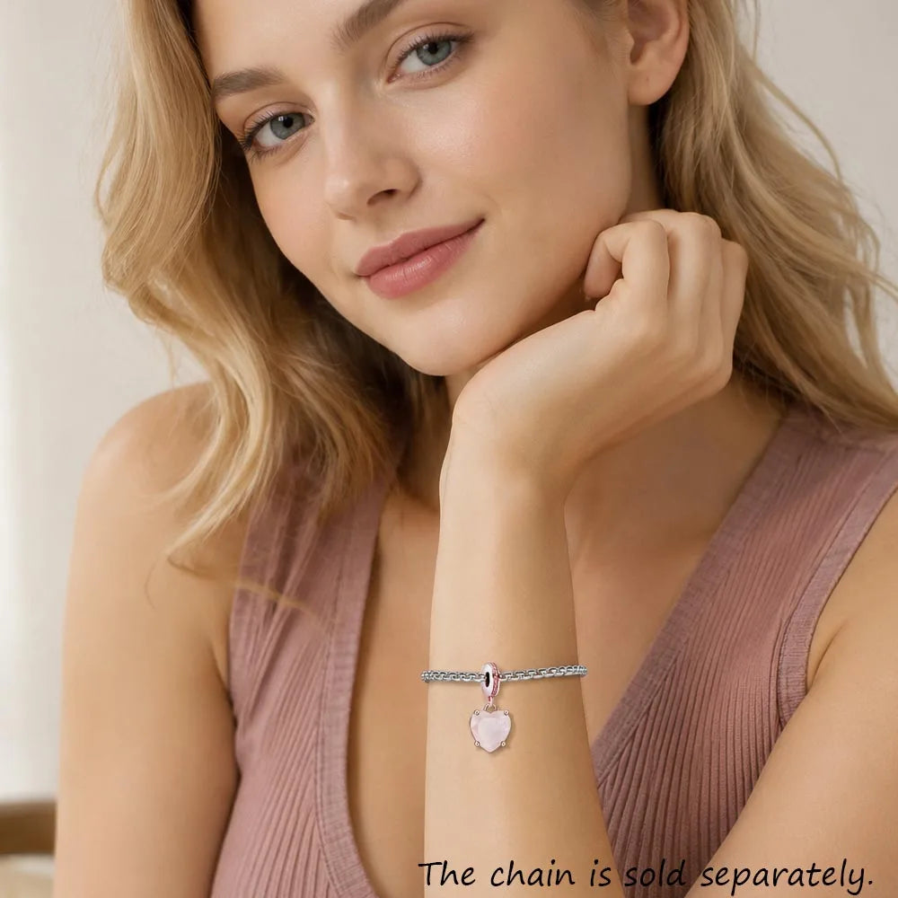 Rose Stone Heart Pendant Dangle Charms DIY Jewelry Romantic 100% 925 Sterling Silver Love Gift Qme