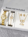 Women's Watch with Elegance Steel Band, Fashionable and Simple Trendy Quartz Watch Bracelet Set Qme Gold