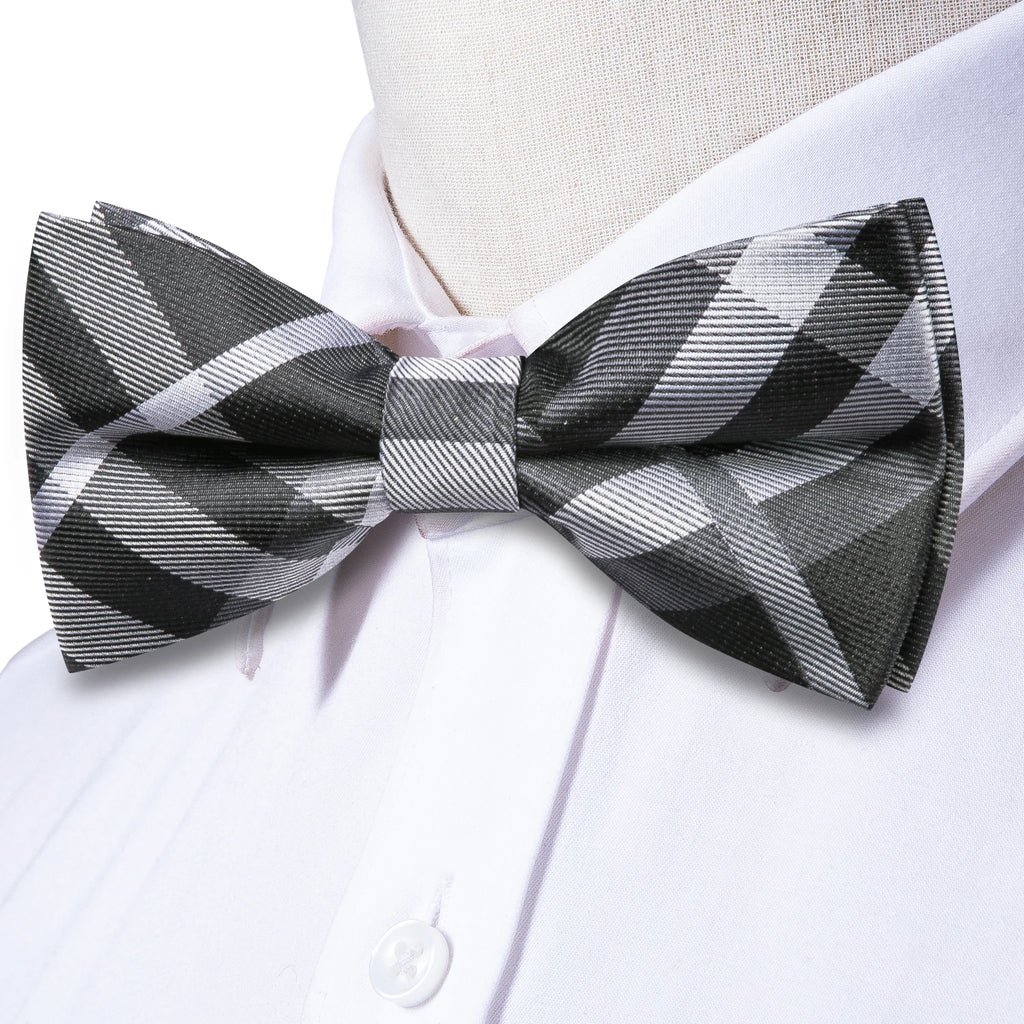 Hi-tie Grey Plaid Jacquard Pre-tied Mens Bow Tie Hanky Cufflinks Qme