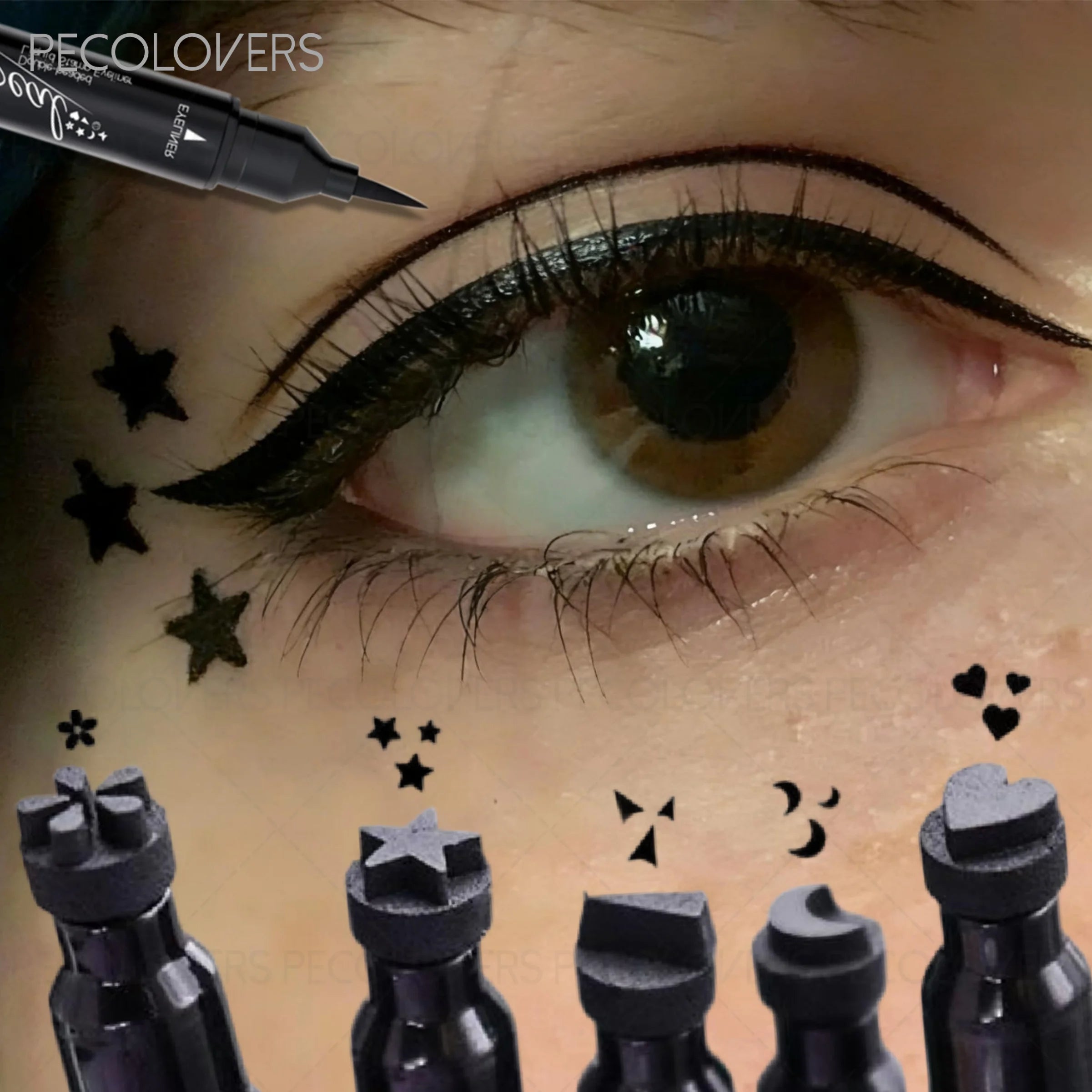 Dual-ended 2-in-1 Eyeliner Stamp, Smooth Black Liquid Eyeliner Pen, Cat Eye Smiley Moon Heart Stamp One-Swipe, Whimsical Makeup Qme