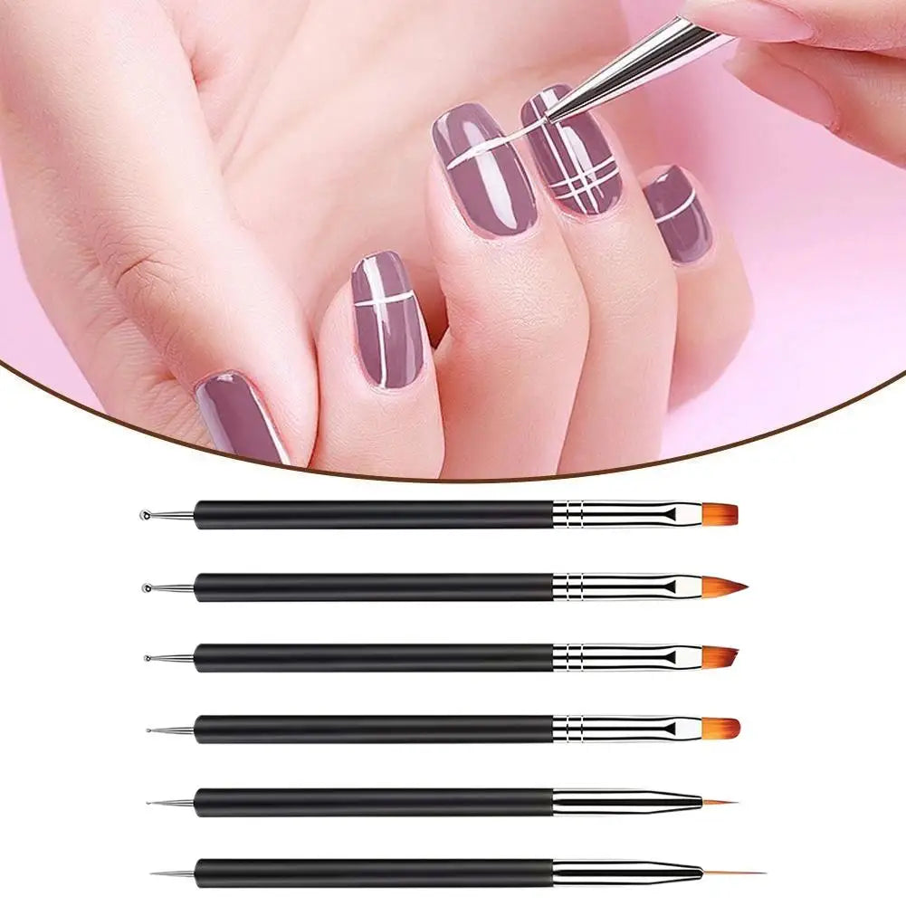 6Pcs Black Multi-Function Nail Art Brushes Set Dotting Line Flat Round Head For DIY Professional Gel Nail Polish Manicure Tools Qme