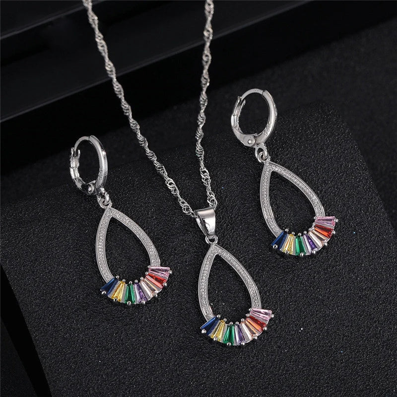 Earrings Necklace Jewelry Sets Real 925 Sterling Silver Color Rainbow Crystal Necklace Earrings for Women Girls Nice Gift Qme