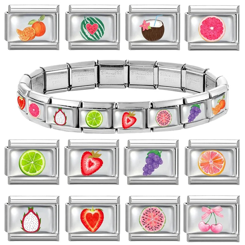 Wholesale 1pc Colorful Diamond Heart Kiwi Fruits Pinecone Italian Link Fit 9mm Bracelet Making DIY Stainless Steel Charm Jewelry Qme
