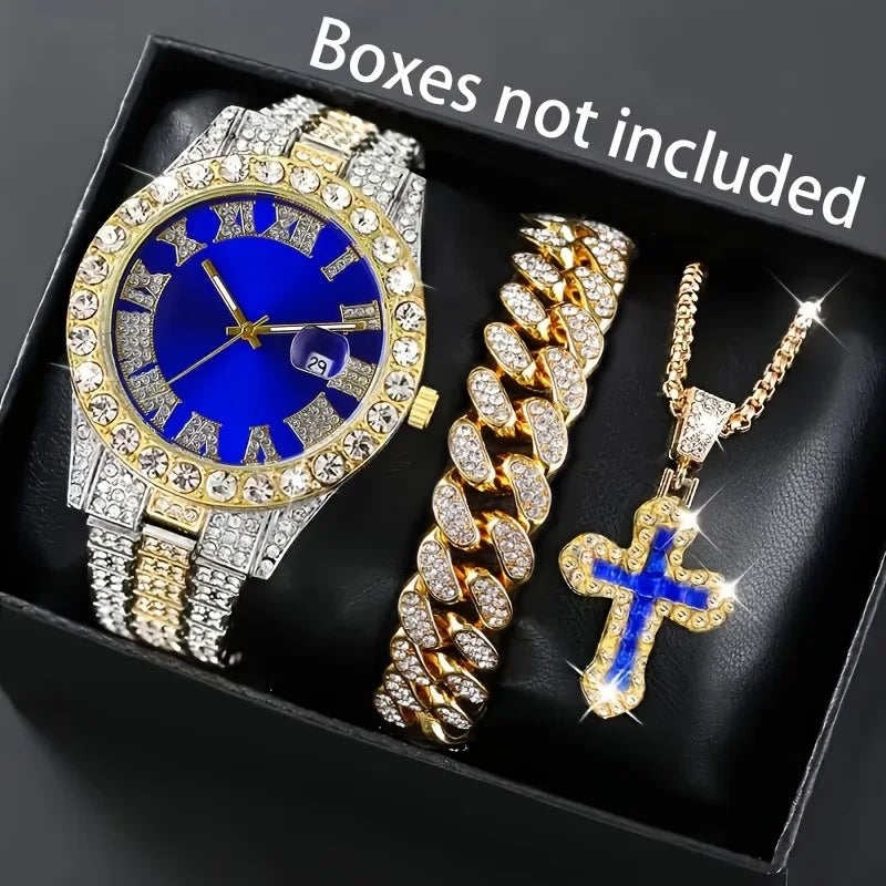 3/4 pcs Men's Luxury Stainless Steel Quartz Watch Gold Timer Wristwatch Necklace and Cross Pendant Qme Pink