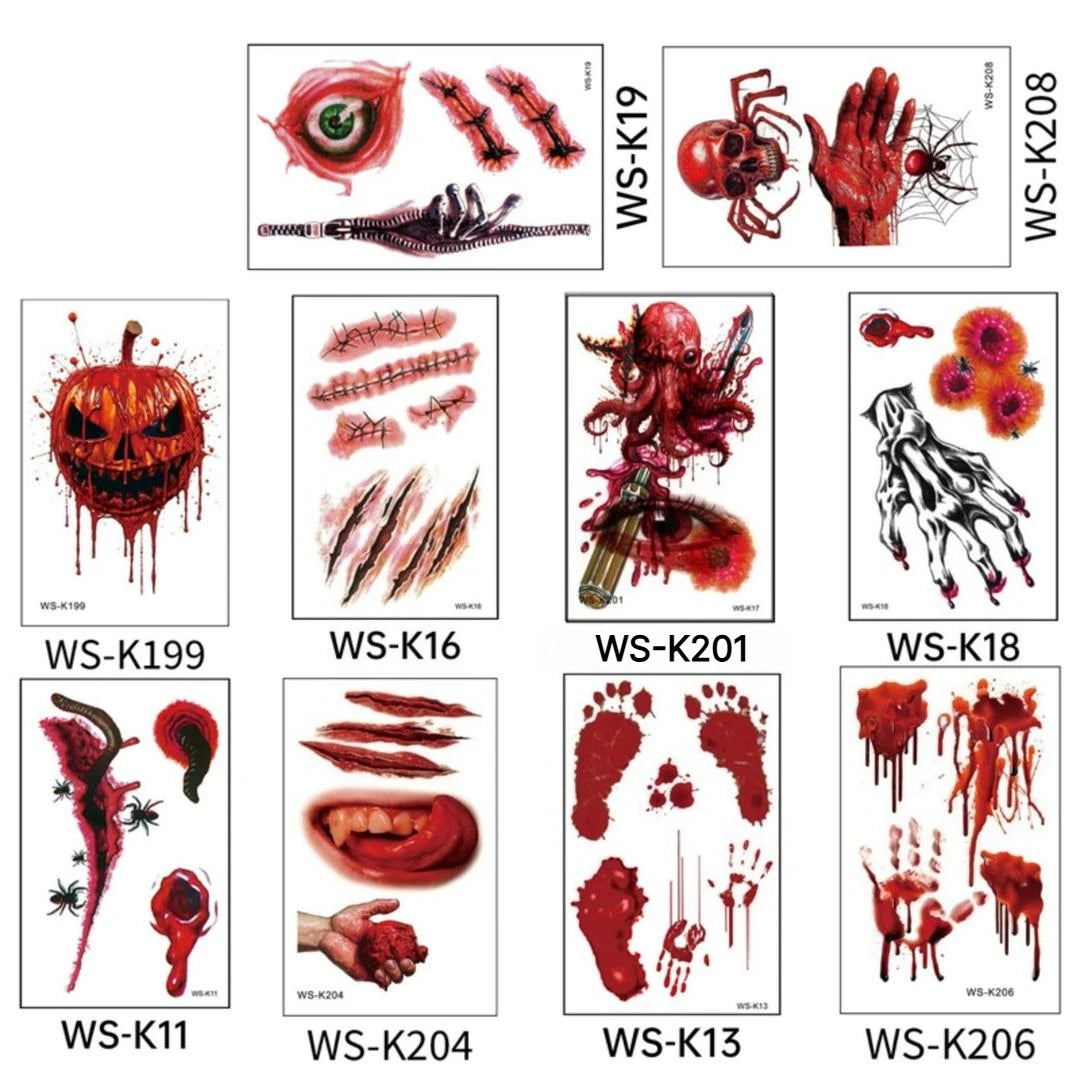 A 10pcs Waterproof Halloween Tattoo Stickers Bleeding Wound Scar Temporary Tattoos for Women Men Fake Tattoo For Halloween Party Qme 10pcs WS-K11K208