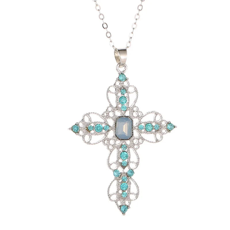 Hot Sale Fashionable Classic Necklace Irregular Goth Large Cross Pendant Necklaces for Women and Girls Zircon Cross Necklace Qme Lake Blue