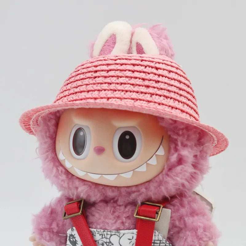 Labubu open top straw hat, party clothing accessories, rustic style Labubu baby clothes decoration accessories (hat only) Qme Pink