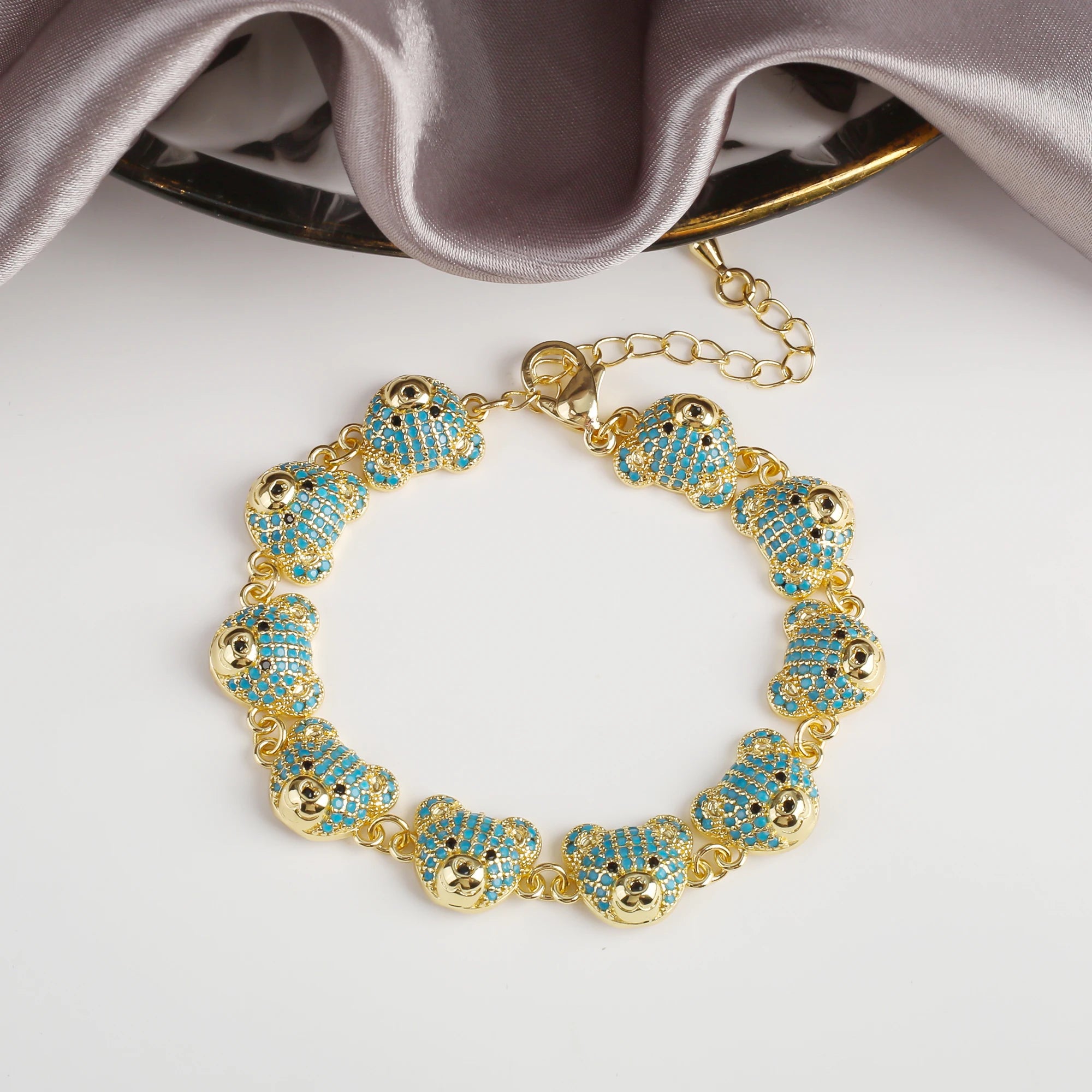 Classic Cubic Zirconia Cute Bear Gold Plated Adjustable Bracelet charm for Women Girls Party Wedding Jewelry Gift Wholesale Qme C