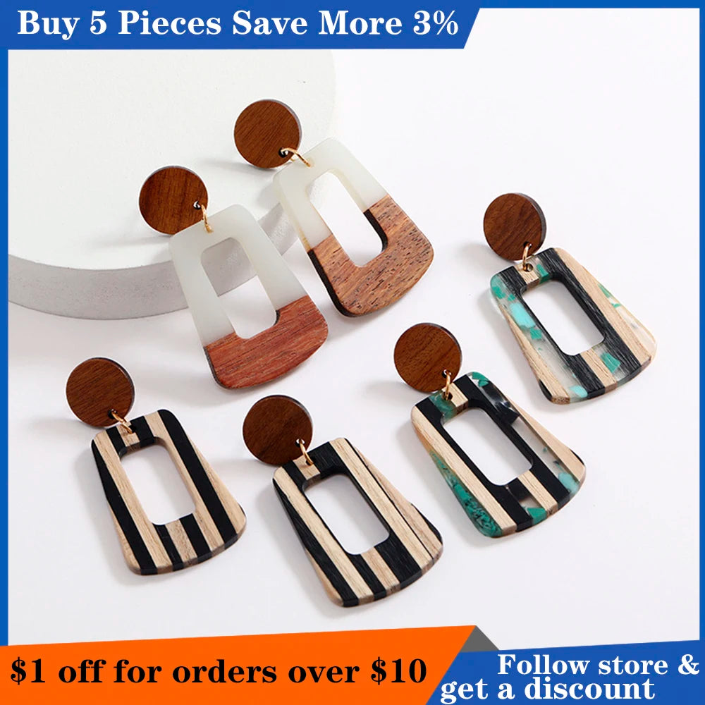 New Fashion Creative Wood Splicing Resin Earrings Hollow Trapezoid Geometric Earrings For Wedding Party Daily Wear Jewelry Gift Qme