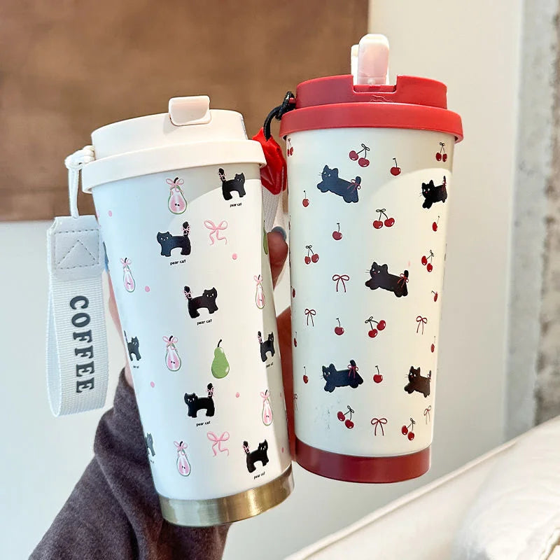 Floral Kitten Design Dual-drink Vacuum Insulated Cup Large Capacity Qme
