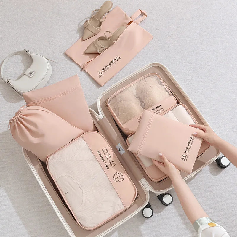 A QX2E 6 Pieces Travel Luggage Organizers Set Packing Cubes with Shoe Bag Cosmetics Accessories Waterproof Toiletry for Qme 7pcs set pink.