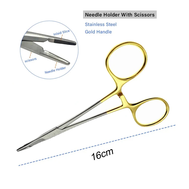 Multifunctional Needle Holder Scissors Insert Gold Handle Clamp Qme 16cm