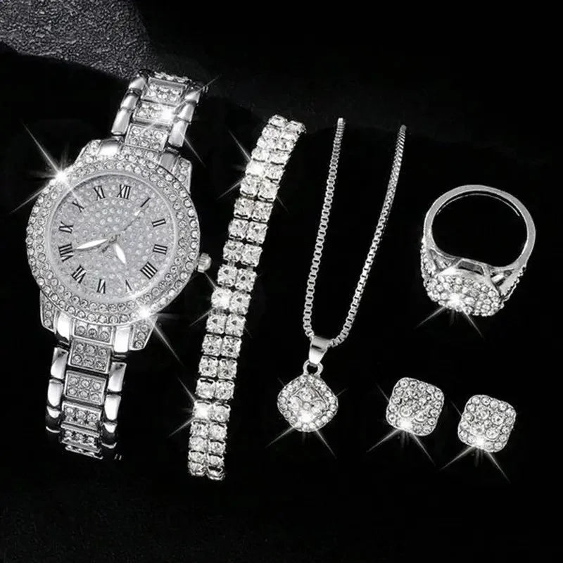Full Diamond Roman Literal Steel Strip Watch with Starry Charm Business Quartz Watch Set Qme silver 1