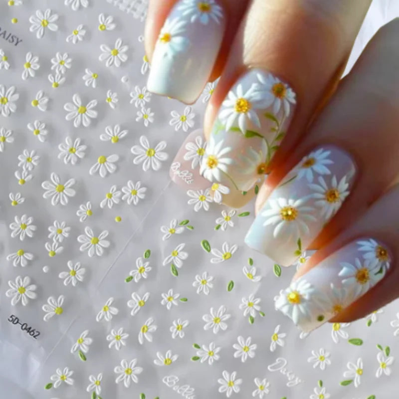 5D Flower Daisy Embossed Stickers Nail Sliders Decals Daisy White Florals Petals Flowers Back Glue Nail Sticker Decoration Qme