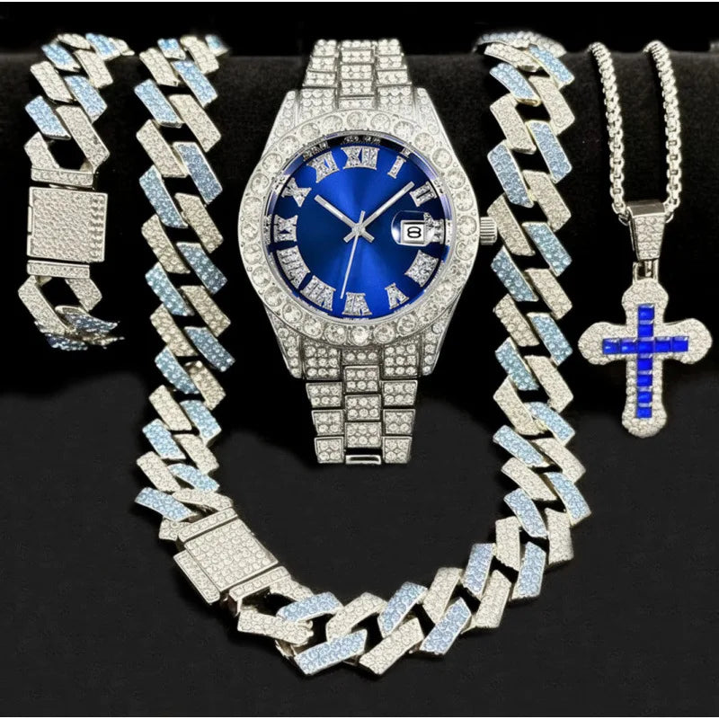 Men's Bling Jewelry Set: Gold Iced Out Watch + Two-tone Cuban Link Chain + Bracelet + Blue Cross Pendant Necklace, 4Pcs Hip Hop Qme Coffee