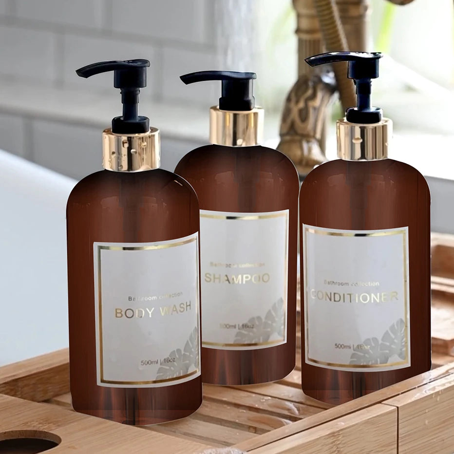 3pcs Bathroom Shower Dispenser Set Refillable Pump Clear Shampoo Conditioner Body Wash Dispenser Bath Soap Bottle Qme amber