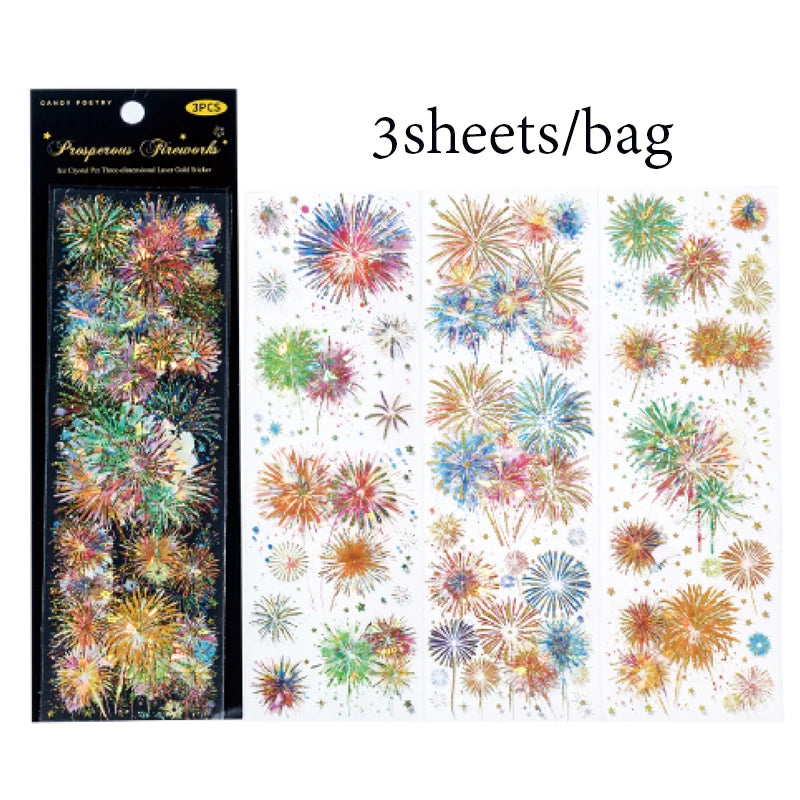 Sticker Pack 3 Sheets/Bag Dazzle Fireworks ThreeDimensional Laser Gold Flat Sheet PET Stickers Handbook Stationery DIY Decorate Qme 1